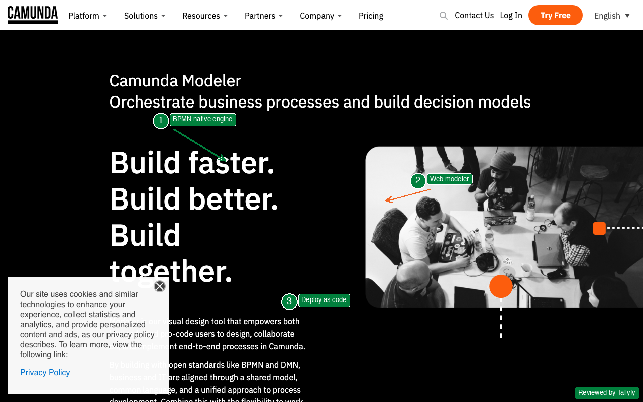 Camunda modeler interface showing native BPMN engine, web modeler, and deploy-as-code workflow with Tallyfy review annotations