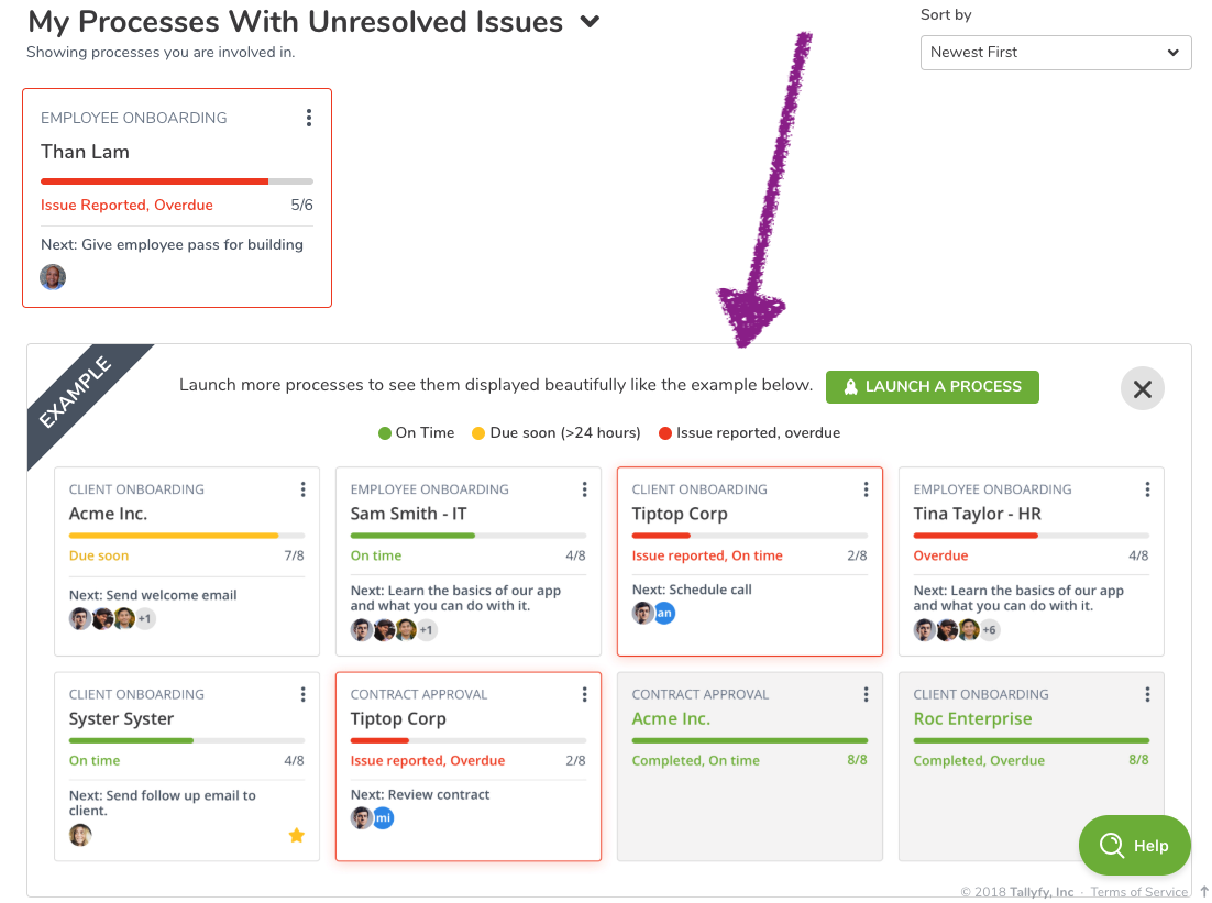 Empty state for process tracker showing sample processes