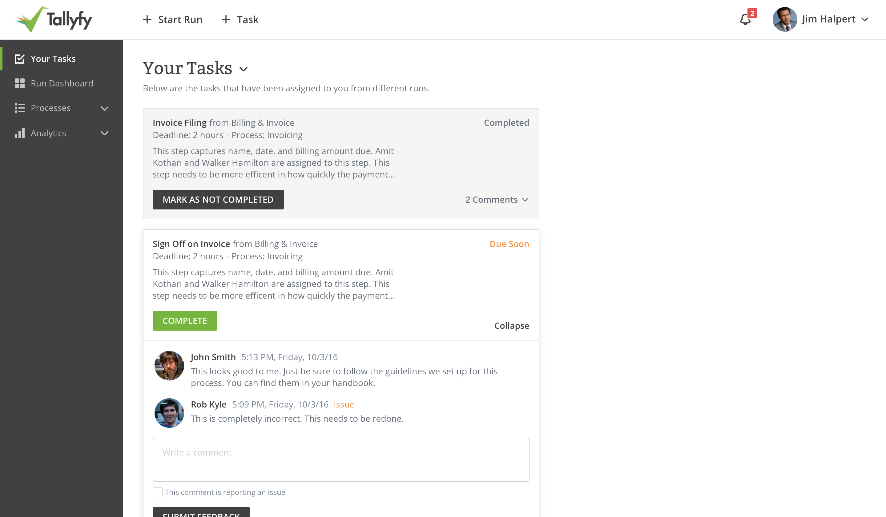 Task dashboard showing multiple task cards with various states including pending, approved, and completed
