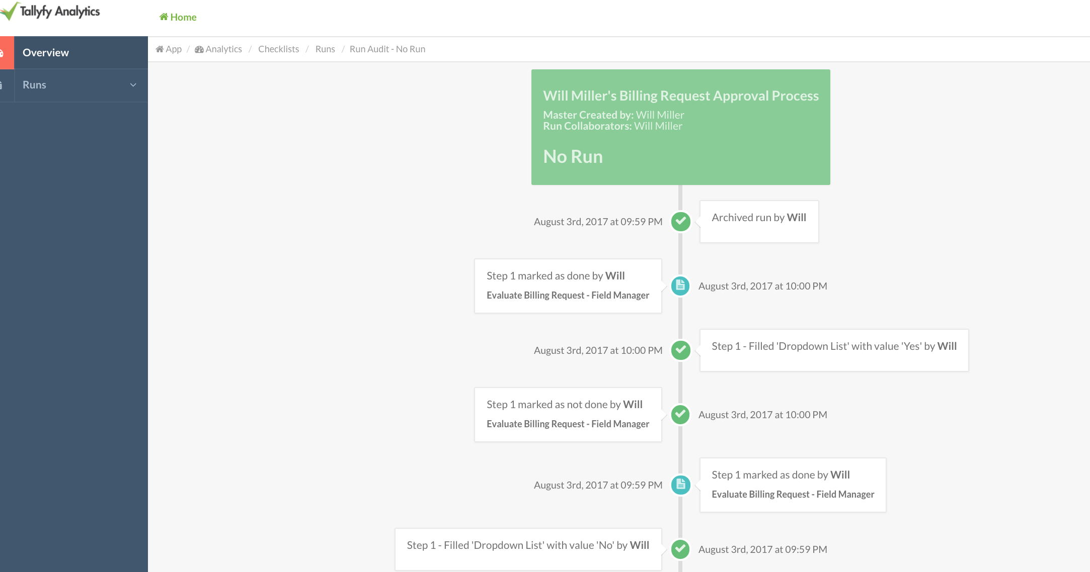 Screenshot of Tallyfy V1 run audit view showing detailed timeline of all events in a completed process with expandable details