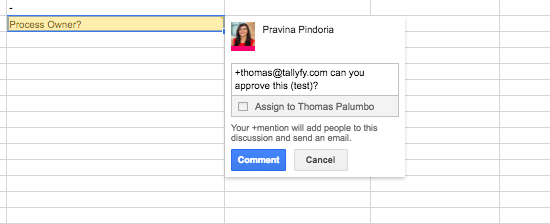 Google Sheets screenshot showing comment and task assignment UI