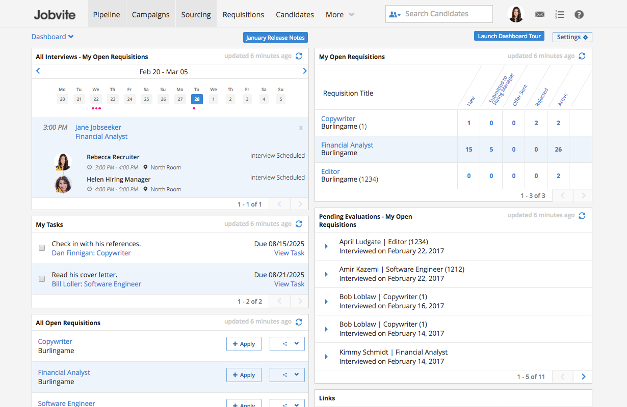 Jobvite recruiting platform dashboard with interview calendar, open requisitions, pending evaluations, and task management panels