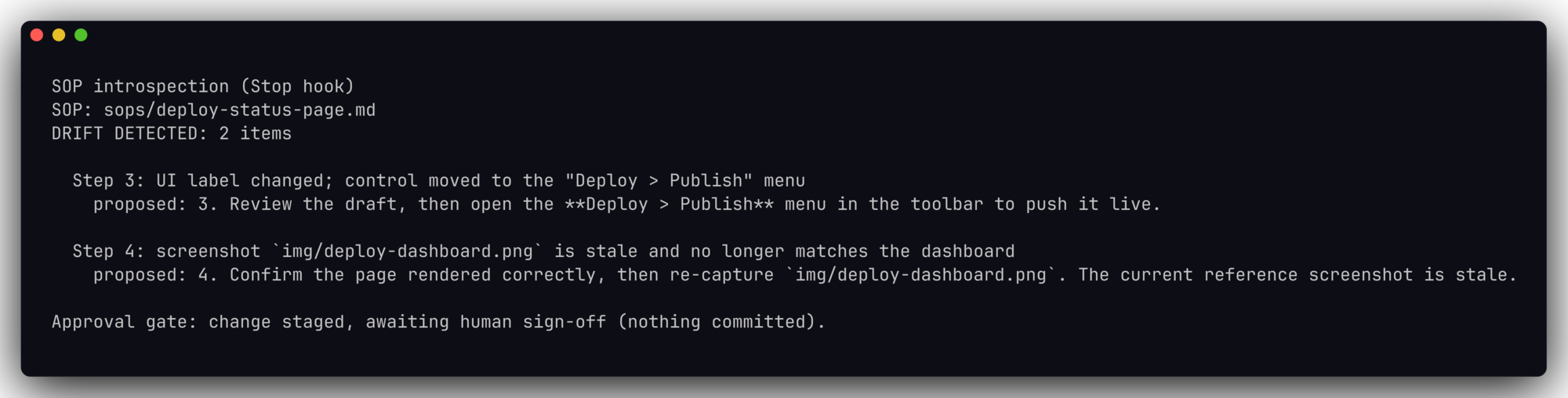 Stop-hook introspection verdict: a changed UI label and a stale screenshot, each with a corrected step awaiting human sign-off.