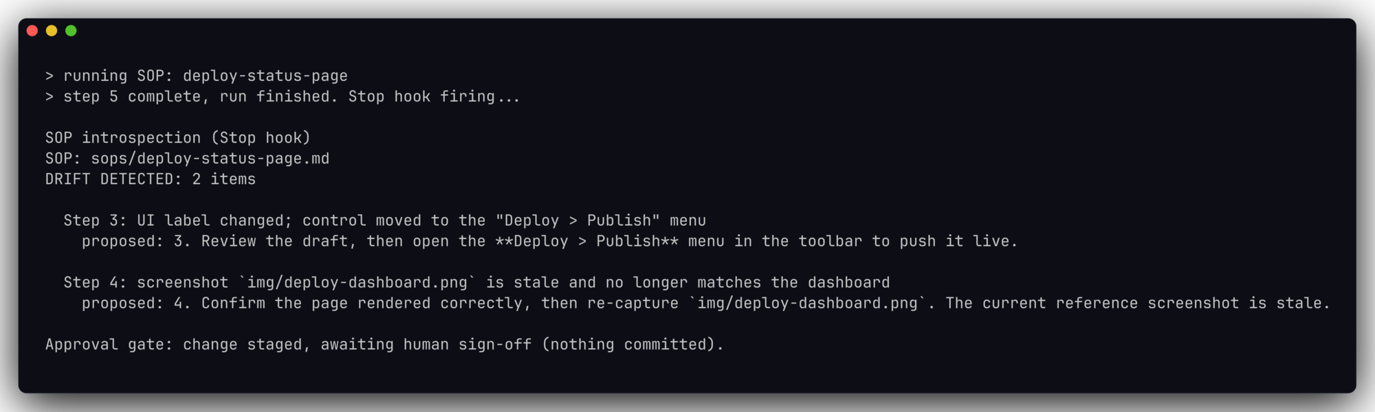 A Claude Code Stop hook firing at the end of a run, reporting two drift items in a self-updating SOP and staging the fix for approval.