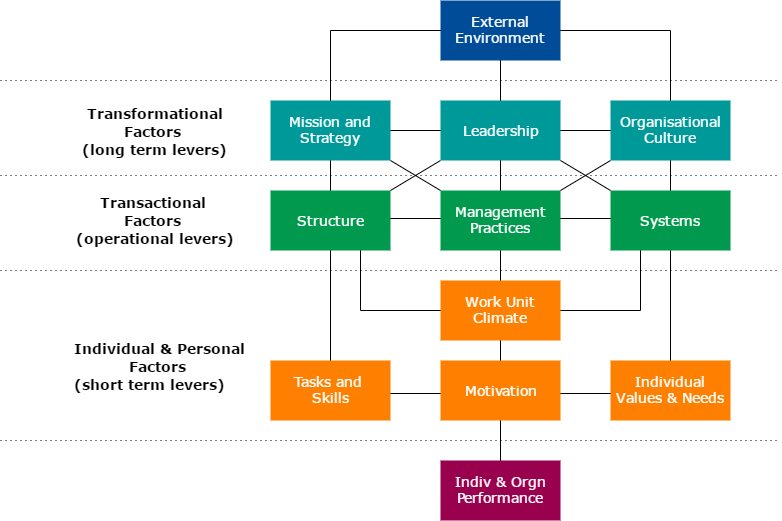 Burke-Litwin model showing 12 interconnected factors affecting organizational change in mid-size companies