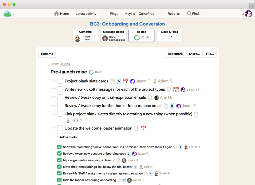Basecamp dated interface showing simple to-do lists