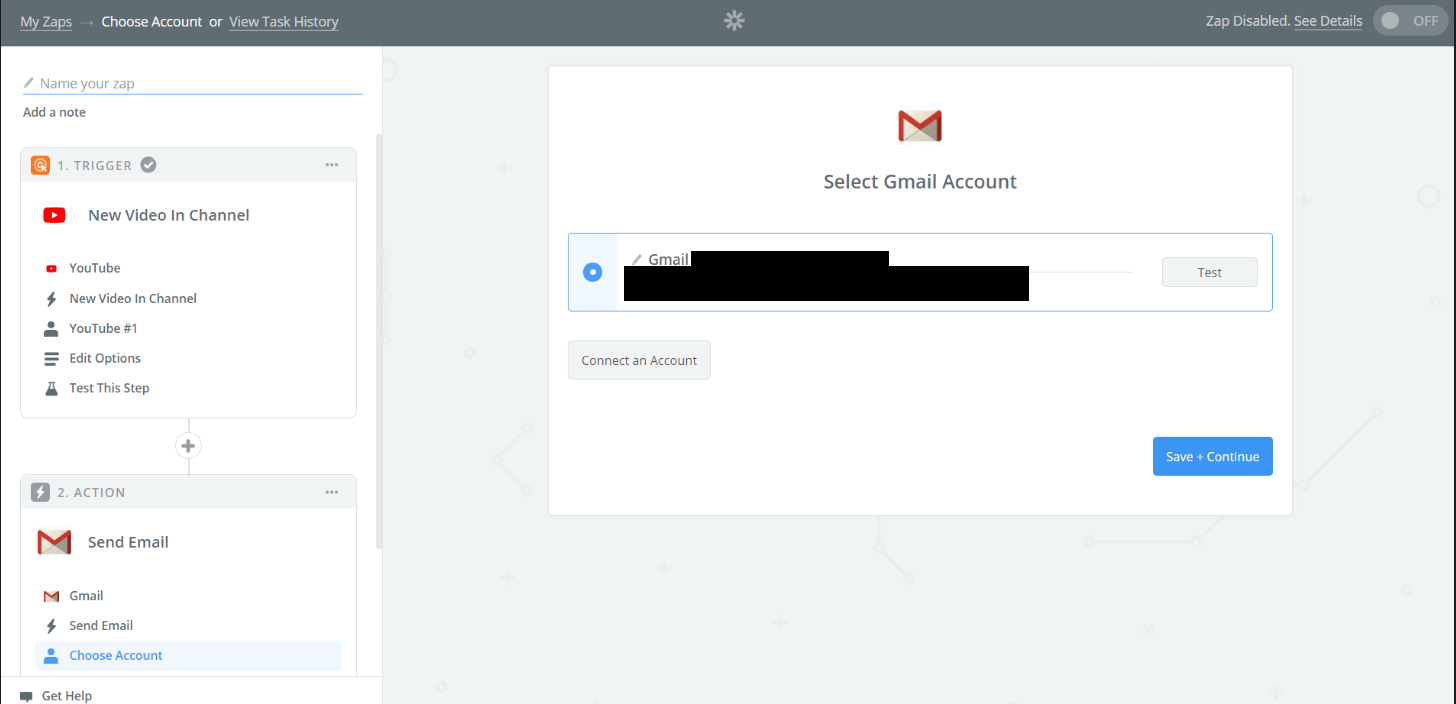 Zapier Gmail account selection screen showing connected account with test button