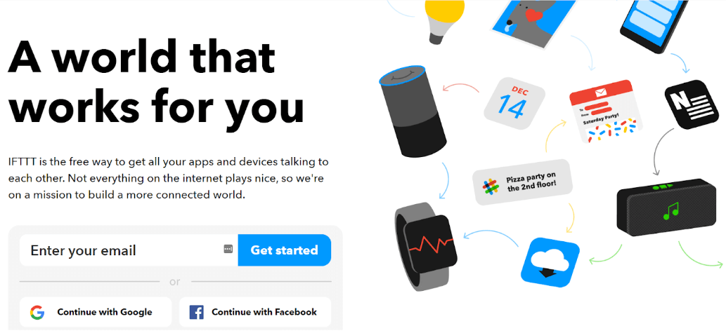 IFTTT automation platform homepage promoting app integration with device icons including Alexa, calendar, and smart home devices
