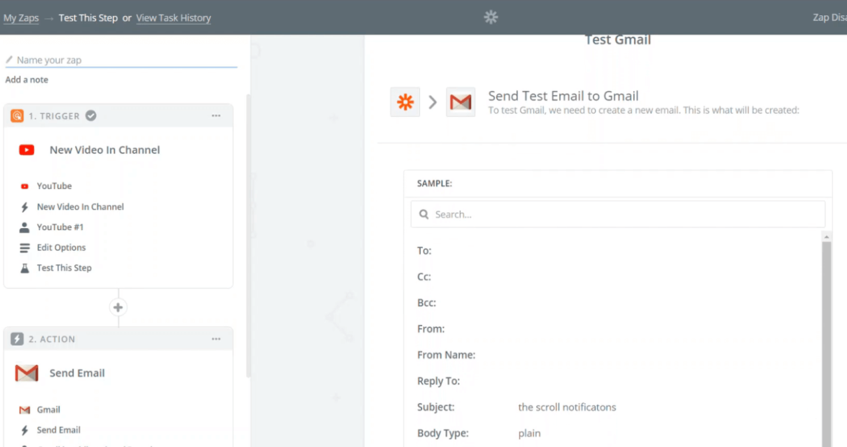 Zapier Gmail send email test interface showing configuration fields and sample data