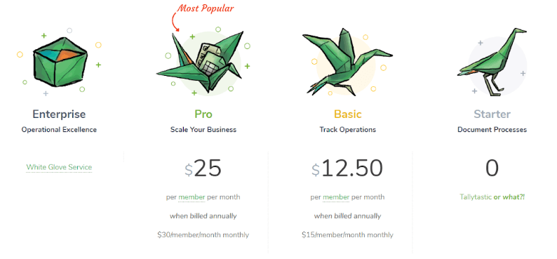 Tallyfy pricing tiers with origami bird designs: Enterprise, Pro (most popular), Basic, Starter