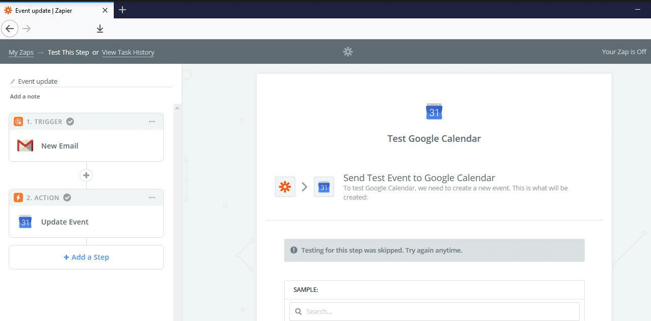 Zapier event update interface showing Gmail trigger connected to Google Calendar action