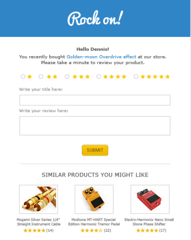 E-commerce product review form with star rating options, title and review fields, and similar product recommendations