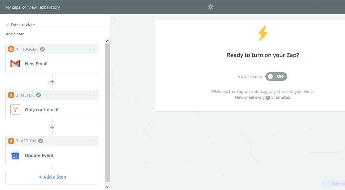 Zapier automation workflow showing 3-step process: Gmail trigger, filter condition, and Google Calendar update action