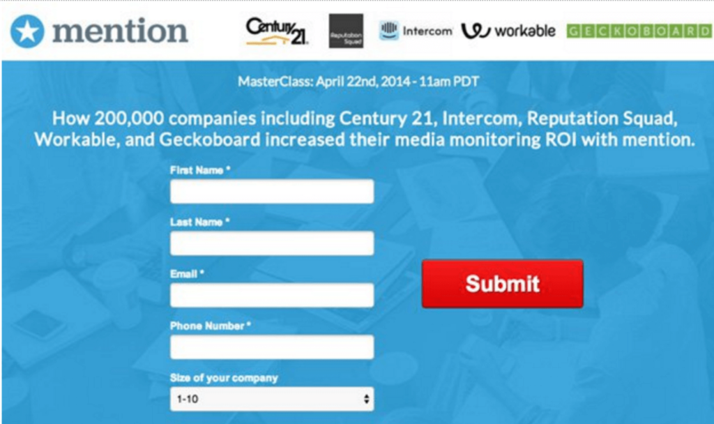 Mention webinar registration form about media monitoring ROI with company logos and submit button
