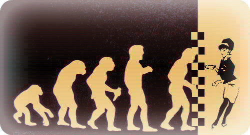 Human evolution illustration progressing from ape to modern office worker climbing ladder
