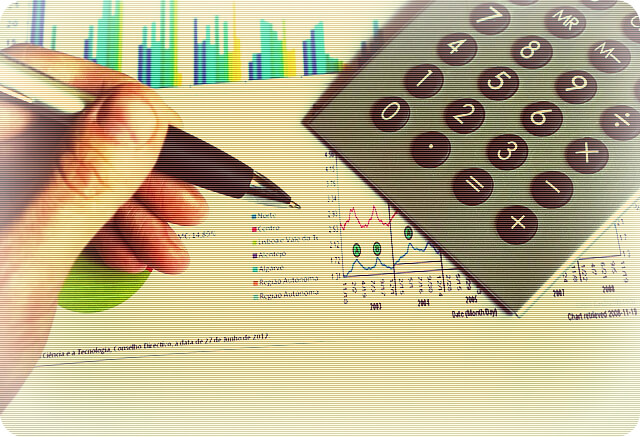 Business analytics composite image showing colorful bar charts, calculator, pen, and data visualization graphs