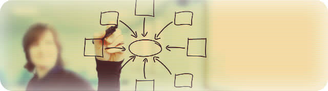 Person pointing at organizational network diagram with empty connected boxes on transparent surface