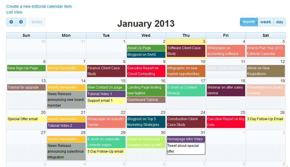 Editorial content calendar for January 2013 showing blog posts case studies and marketing activities