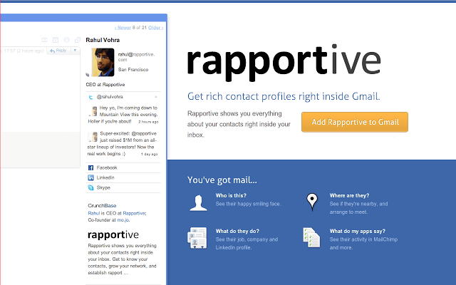 Rapportive Gmail sidebar showing contact profile for Rahul Vohra with social media links and company information