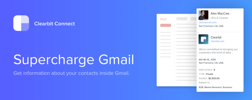 Clearbit Connect Gmail sidebar showing contact information for Alex MacCaw CEO with company details and funding data