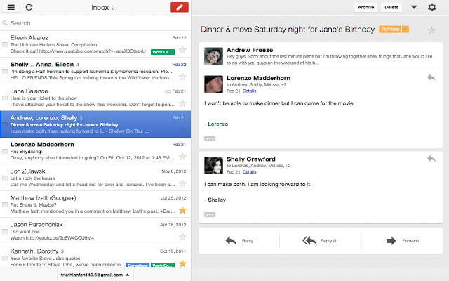 Email inbox interface showing conversation threads about dinner and movie plans with Lorenzo, Shelly, and Andrew