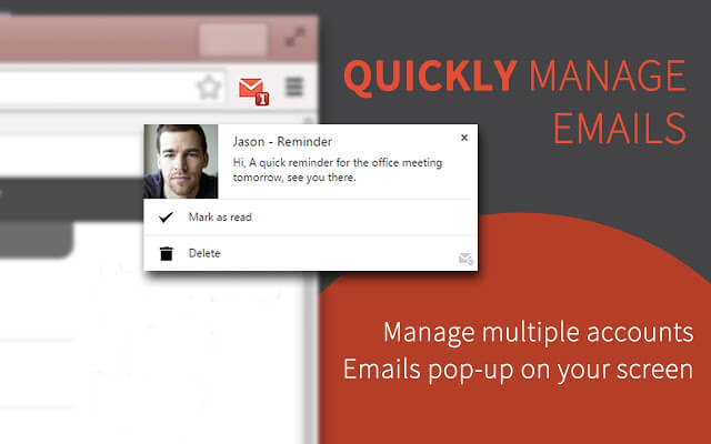 Email notification popup showing office meeting reminder from Jason with mark as read and delete options