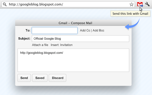 Gmail compose window showing send this link with Gmail feature with Official Google Blog URL pre-filled