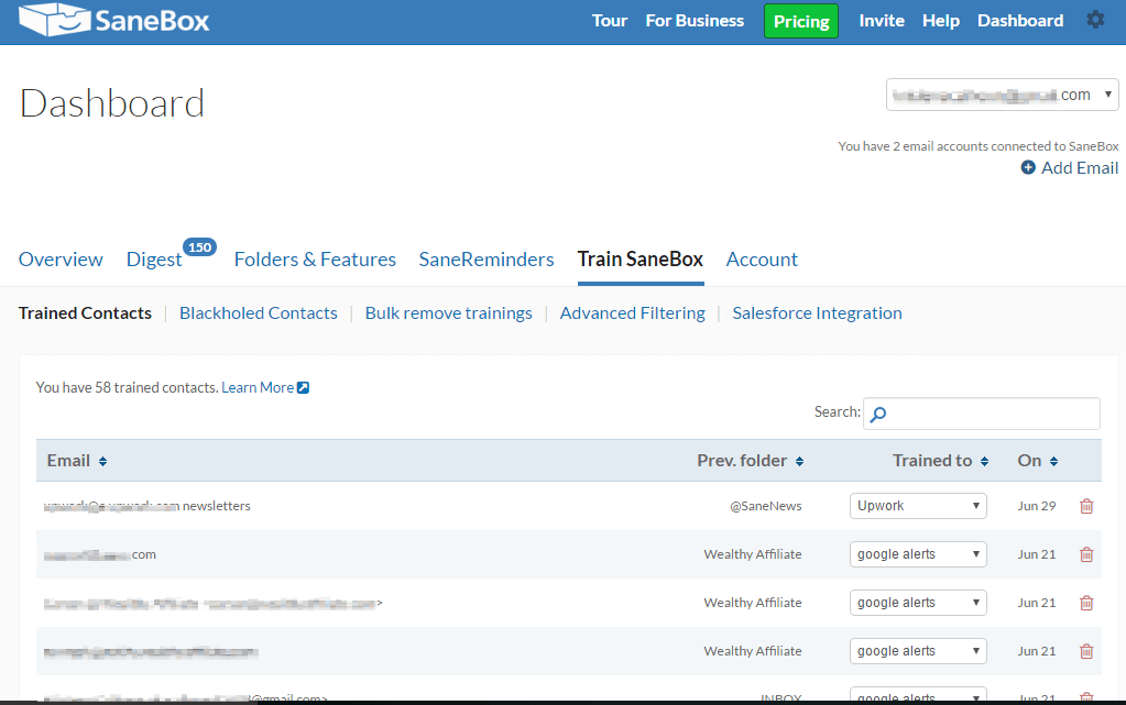 SaneBox email training dashboard showing trained contacts with folder assignments and filtering rules