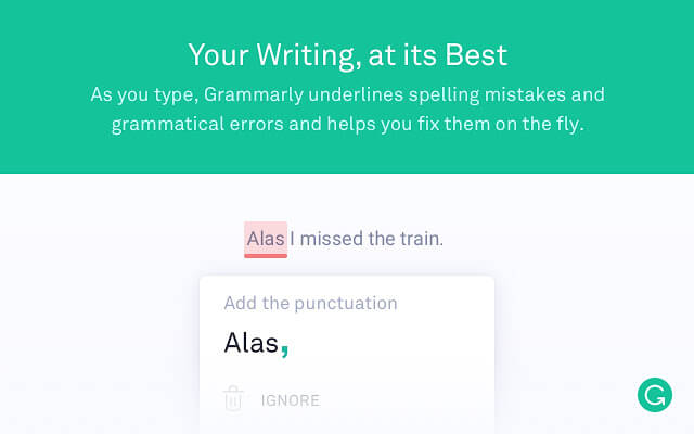 Grammarly grammar correction interface showing punctuation suggestion for the sentence Alas I missed the train