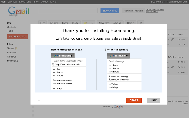 Boomerang for Gmail setup dialog showing message scheduling options for returning to inbox and sending later
