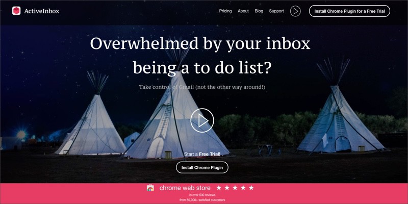 ActiveInbox homepage featuring teepees at night with text Overwhelmed by your inbox being a to do list