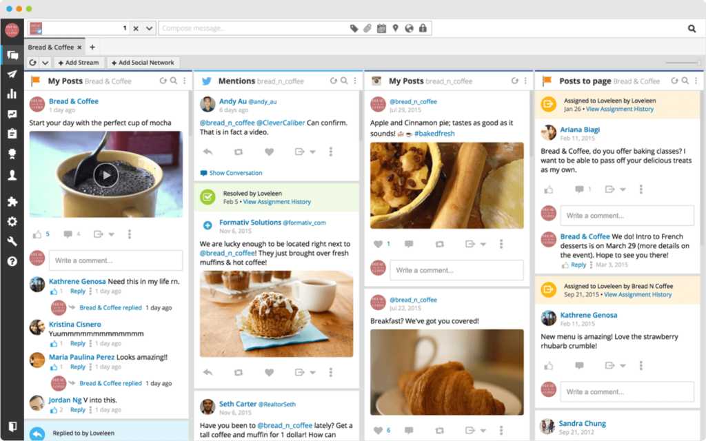 Hootsuite social media dashboard showing multiple streams for Bread and Coffee posts, mentions, and page assignments