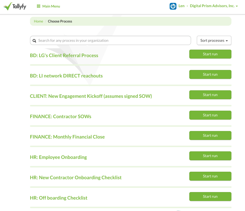 Tallyfy process library showing business processes like client referral, network outreach, employee onboarding with start run buttons