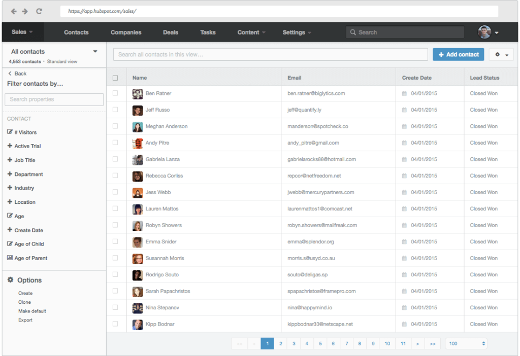HubSpot CRM contacts view showing filtered list with names, emails, create dates, and closed won lead status