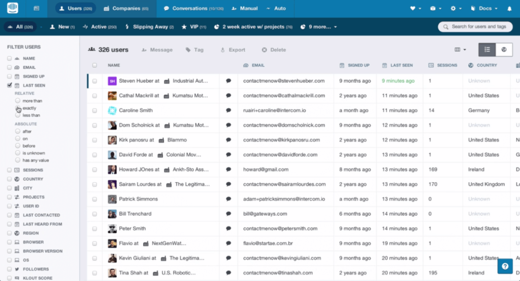 Intercom user dashboard showing 326 contacts with email addresses, sign-up dates, and activity tracking