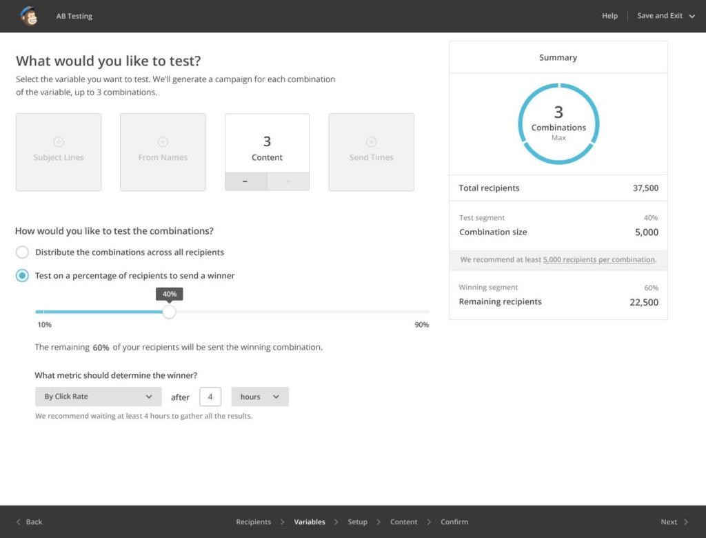 Mailchimp AB testing interface showing campaign variable selection with content combinations and recipient distribution