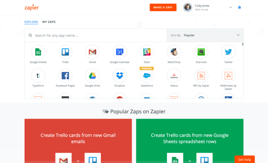 Zapier automation platform showing app integrations with Google Sheets, Trello, Gmail, Slack, and popular Zap templates