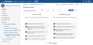 Confluence collaboration software interface showing project spaces, navigation menu, and content management panels with team communication features