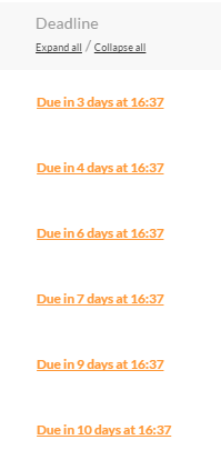 List of project deadlines showing multiple due dates at 16:37, ranging from 3 to 10 days with expandable and collapsible options