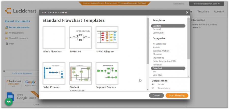Lucidchart template selection dialog showing standard flowchart, BPMN, SIPOC, sales process, student registration, and support process diagram options