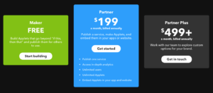 Three pricing plan cards displaying Free, Professional at $199, and Business Pro at $499+ options with call-to-action buttons