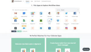Automate.io Pick Apps to Explore Workflow Ideas showing various app integration icons for workflow automation