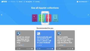 IFTTT applet collections page showing recommended integrations like skip app lines, collaborate with team, sync everything