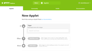 IFTTT new applet creation interface showing trigger, action, and result steps with connect button