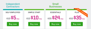 Pricing tiers comparison showing four plans with monthly costs: Self-Employed $5, Simple Start $10, Essentials $24, and Plus $35 with green action buttons