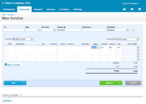 Xero accounting software interface showing a new invoice creation form with line items, amount fields, and save/send options