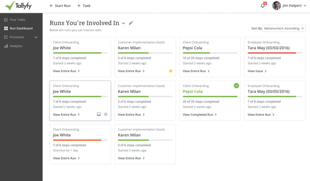 Tallyfy process tracker showing runs for client onboarding, customer implementation, and employee onboarding with progress bars
