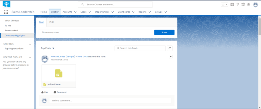 Salesforce Chatter feed showing company highlights and post creation interface with note attachment