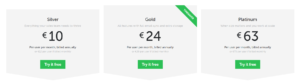 Pipedrive pricing tiers Silver 10, Gold 24 most popular, Platinum 63 euros with try it free buttons