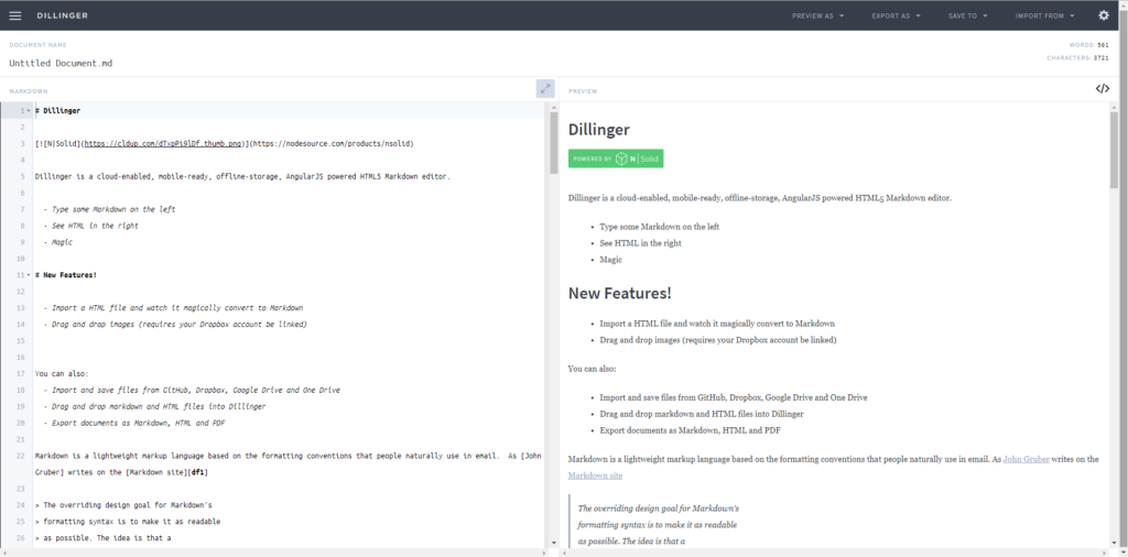 Dillinger markdown editor interface showing split-pane view with markdown code on left and HTML preview on right